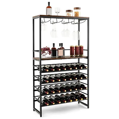 32 Bottles Wine Rack Rustic Wine Storage Holder Freestanding W/ Glass Holder • $49.49