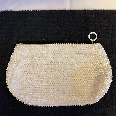 1950s Vintage LUMURED Beaded EVENING Clutch PURSE HANDBAG Ivory White Clear • $12.99