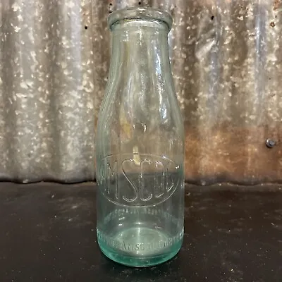 Amscol Milk Embossed Glass Bottle 1 Pint Vintage School Deli Advertising • $24.50
