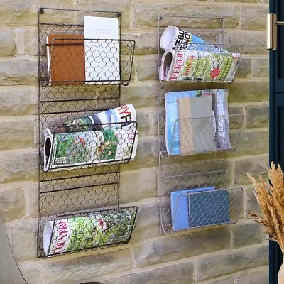 Wire Magazine Newspaper Basket Wall Mounted Post Storage Rack Organizer Office • £29.99