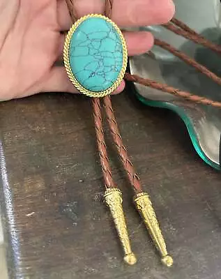 Southwestern Turquoise Bolo Tie - Gifts For Him Cabochon Leather Cowboy Necktie • $30