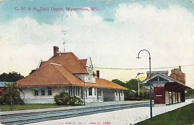 (pc) C. M. & St. P.  Railway Railroad Train Station Depot Watertown Wisconsin • $20