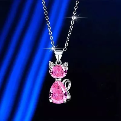 Pink Cat Pendant Round Cut White Stone Kitty Necklace Silver Jewelry Gift Women • $13.98