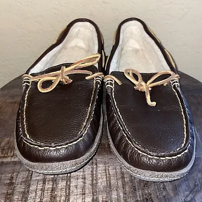 LL Bean Mens Slippers Sz 12 Medium Sherpa Brown Leather Moccasin Loafers 212984 • $19.99