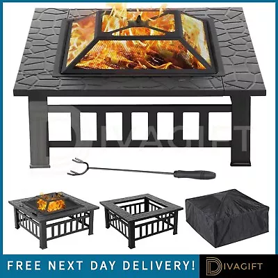 Large Fire Pit Bbq Outdoor Iron Grill Square Garden Table Patio Log Burner Stove • £69.99