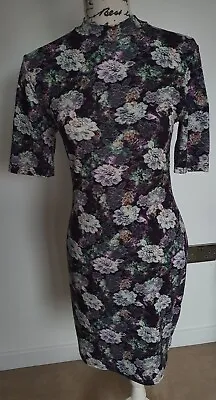 £4.99 • Buy Topshop Black Jersey Shift Midi Dress Size 12 Purple Floral Print 