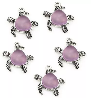 Sea Glass Turtle Charm Pendants With Sea Glass - 5 Pack Purple & Silver Tone ... • $19.64