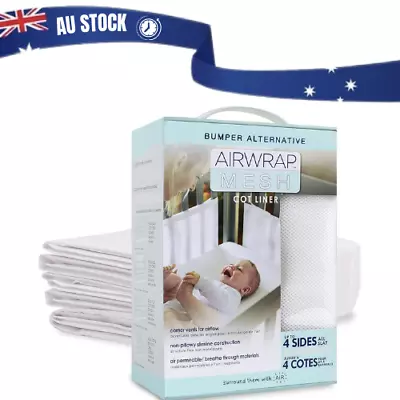 Airwrap 4 Sides Mesh Cot Liner White Cotton Adjustable Breathable For Infant Bed • $42.05