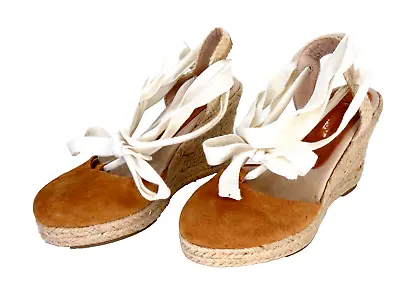 Topshop Wedge Espadrilles Waves Tan Suede Sandals Heel Platform Shoes Tie Up  3 • £14.99