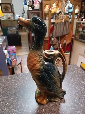 St Clement France  Majolica Barbotine Mallard Drake Duck Absinthe 12  Pitcher • $149.99