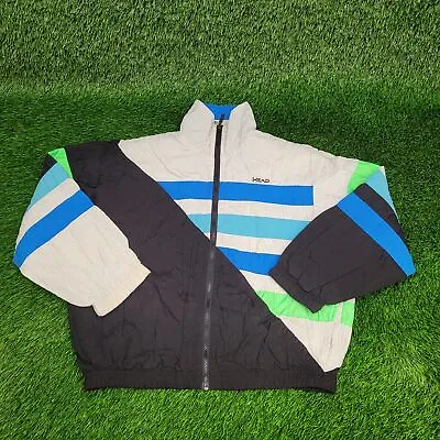 Vintage HEAD Tri-color Colorblock Windbreaker Jacket XL Lined Blue Black Neon • $29.55