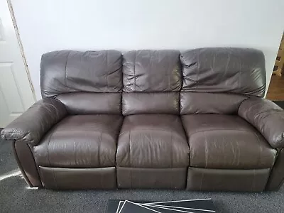 3 Piece Suite Used Brown Leather Recliner • £300