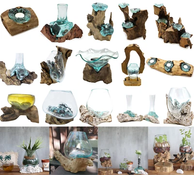 £57.99 • Buy Molten Glass On Driftwood Handmade Flower Vase Plant Bowl Fish Tank Home Decor