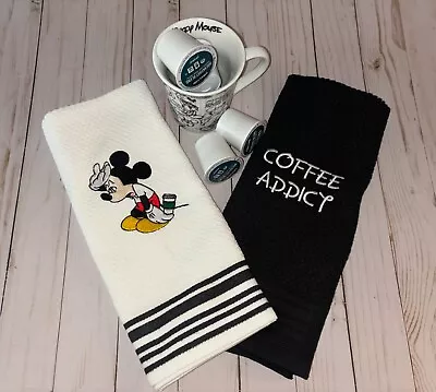 Disney Mickey Mouse Embroidered Kitchen Tea Towels Coffee Addict TinksTreasurez • $18.50