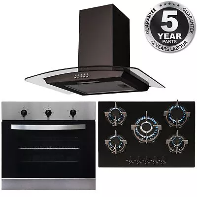 SIA Stainless Steel Single Oven 70cm Black 5 Burner Gas Hob And Curved Hood Fan • £420.99