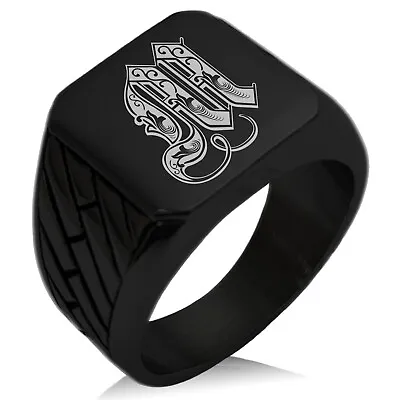 Stainless Steel Mens Royal Monogram Initial Large Square Biker Black Signet Ring • $15