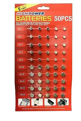 New Assorted 50 Button Cell Watch Battery Batteries Ag 1 / 3 / 4 / 10 / 12 / 13 • £2.99