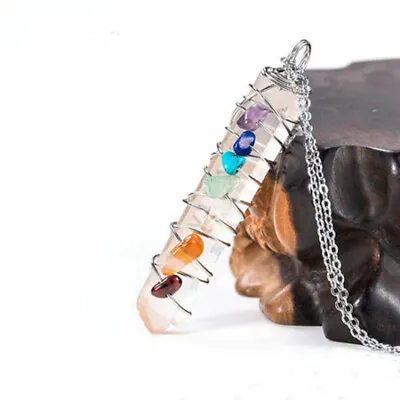 Natural Healing Crystal 7 Chakra Stone Wire Wrap Quartz Reiki Pendulum Pendant • $2.99