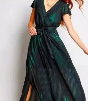 Modcloth Emerald Green Metallic Sheen Faux Wrap Dress • $25