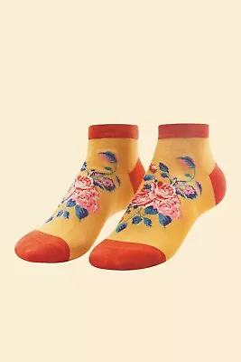 Powder Bamboo Ladies Trainer Socks- Floral Vines Navy/lavender/mustard +gift Bag • £7.95