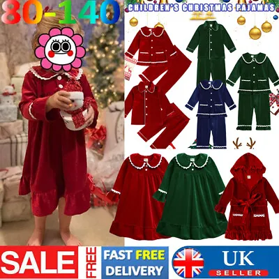Kids Baby Christmas Pyjamas Xmas Velvet Nightgown Bathrobe Tops +Pants Sleepwear • £8.32
