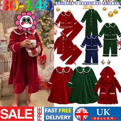 Kids Baby Christmas Pyjamas Xmas Velvet Nightgown Bathrobe Tops +Pants Sleepwear • £18.20