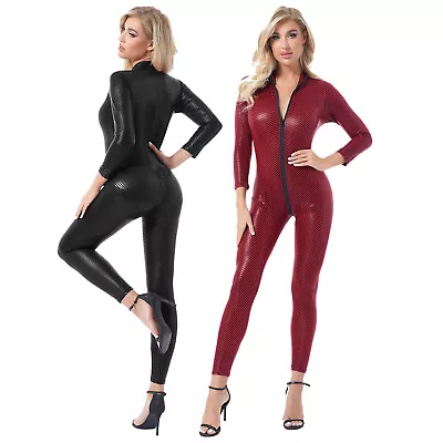 Women Wetlook Bodysuit Punk Patent Leather Plaid Jumpsuit Zip Catsuit Nightclub • $15.72