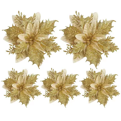 10pcs Glitter Christmas Tree Poinsettia Flowers Ornament Xmas Wreath Decoration • $7.69