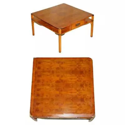 Sublime Vintage Military Campaign Burr Yew Wood Coffee Table With Book Shelf • £1850