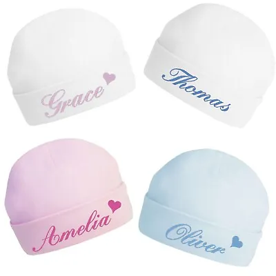 Baby Beanie Hat Personalised Embroidered Name Heart Script Cotton Shower Gift • £4.99