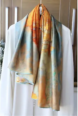 Autumn Leave 100% Mulberry Silk Scarf 41″ Square Gold Large Vintage Hand Rolled • £31.07