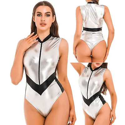 $22.22 • Buy Womens Bodysuit Wet Look Patent Leather Catsuit Sleeveless Jumpsuit Clubwear