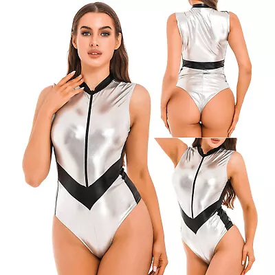$22.22 • Buy Womens Bodysuit Wet Look Patent Leather Catsuit Sleeveless Jumpsuit Clubwear