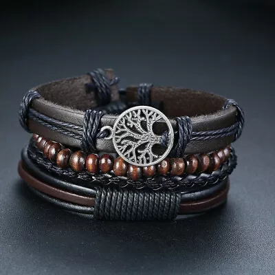 Mens Handmade Leather Braided Surfer Wristband Bracelet Bangle Wrap Tree Of Life • £4.99