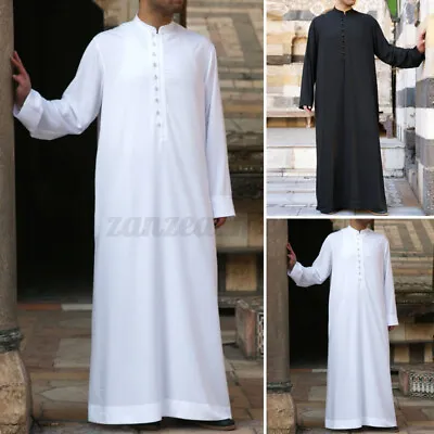 US STOCK Mens Long Sleeve Muslim Dishdash Arab Kaftan Islamic Jubba Thobe Robe • $25.63