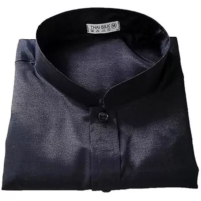 Men's Mandarin Collar Thai Silk Dress Shirt Black Long / Short Sleeve Small-3XL • $14.95