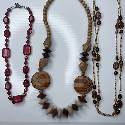 X Lot Bulk Vtg Retro Necklaces African Native Palm Wood Carved Resin Beaded Boho • $4.75