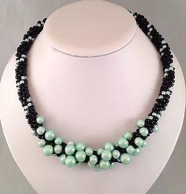 Handmade Mint Green Reflectve Bubbles & Black Seed Beads Kumihimo Braid Necklace • $32.95