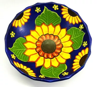 VTG Talavera Mexican Sunflower Footed Blue Pottery Bowl • $41.29