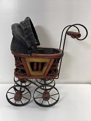 Victorian Baby Doll Buggy Canvas Canopy Metal And Wood Wheels Vintage • $12.25