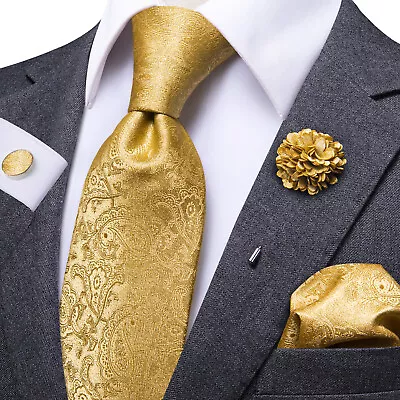 UK Gold Mens Necktie Set Yellow Paisley Ties For Men 100% Silk Woven Floral Tie  • £10.49