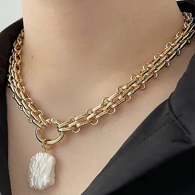 Freshwater Pearl Pendant Chunky Chain Vintage Elegant Baroque Pearls Necklaces • $10.78