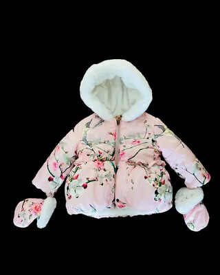 Ted Baker Baby Girls Very Warm Winter Coat Size 6-9 Months With Mittens • £19.99