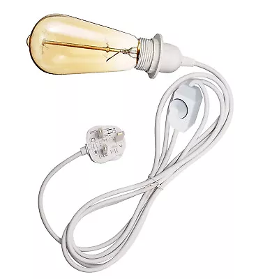 E27 3 Pin UK 3A Plug In Light Bulb Holder With Dimmer Switch & Shades Ring White • £8.99