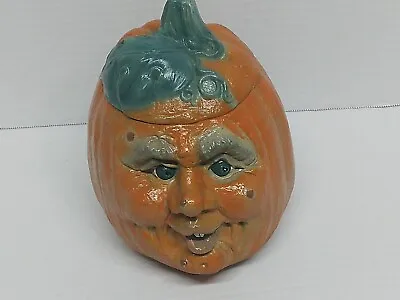 Creepy Halloween Anthropomorphic Pumpkin Head Ceramic Lantern Candy Cookie Jar • $31