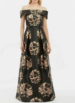 Nicole Miller Formal Gown With Gold Flowers And Velvet Detail - Size 2 • $50