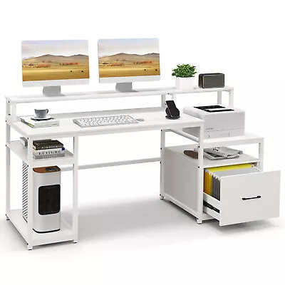 168cm Computer Home Office Writing Desk W/ Monitor Stand Printer Cabinet White • $219.95