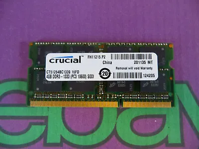 Crucial 4GB PC3 10600 1333 DDR3 Sodimm Laptop RAM Memory 1x 4096MB Single Stick • £5.99