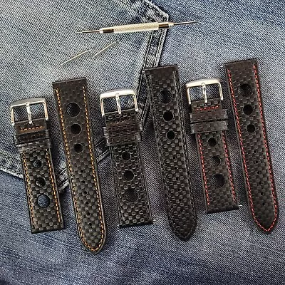 £17.95 • Buy Carbon Fibre Pattern Leather Watch Band | Perforated Rally Strap 18/20/22/24mm  