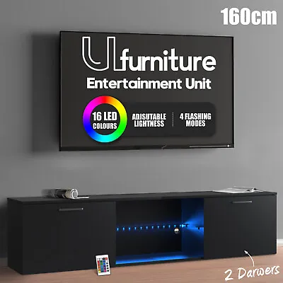 $115.90 • Buy 160CM TV Cabinet Stand Entertainment Unit Storage RGB LED & W/2 Drawers Black